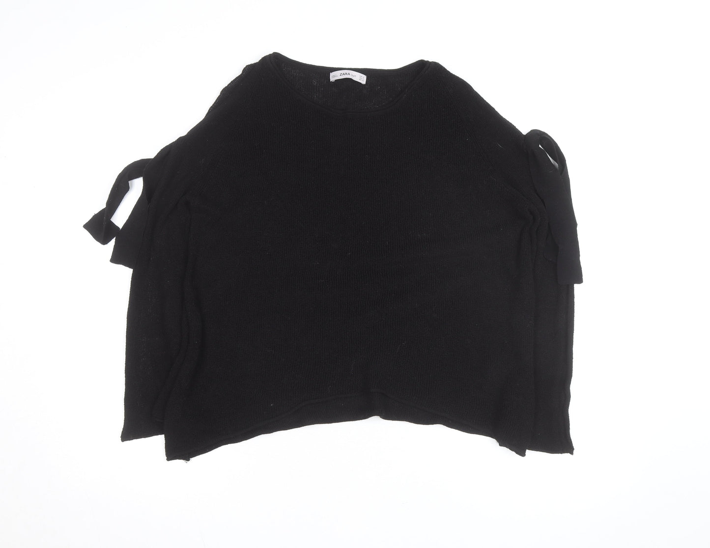 Zara Women Black Knit Jumper Size 10 Bow Sleeve Classic Style