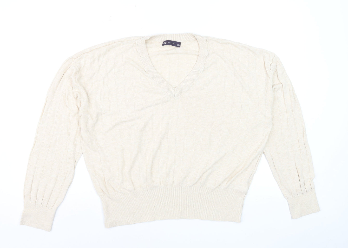 Marks and Spencer Women Beige V-Neck Long Sleeve Jumper L Linen Blend