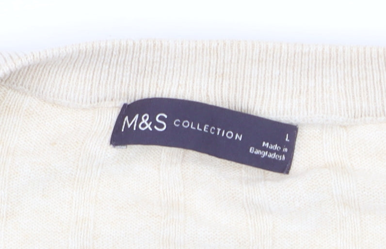 Marks and Spencer Women Beige V-Neck Long Sleeve Jumper L Linen Blend