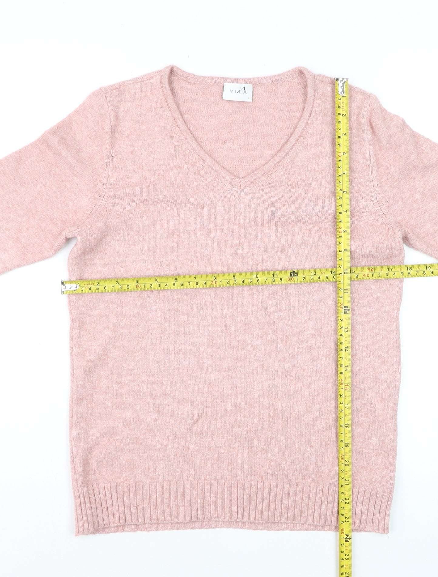 Vila Women Pink Wool Blend V-Neck Long Sleeve Jumper Size S