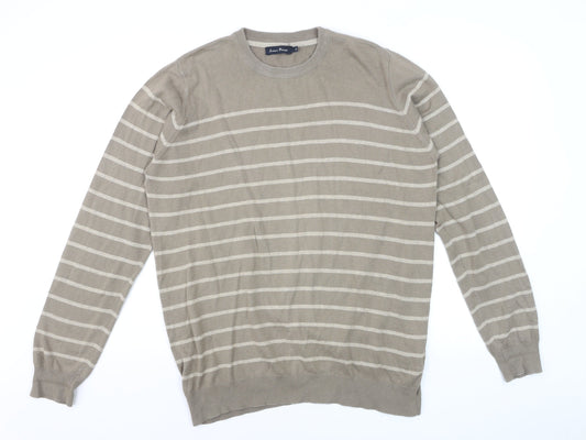 James Pringle Men's Beige Striped Cotton Pullover Jumper Size M