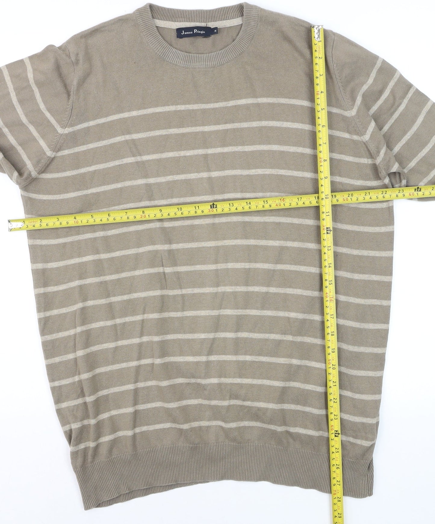 James Pringle Men's Beige Striped Cotton Pullover Jumper Size M