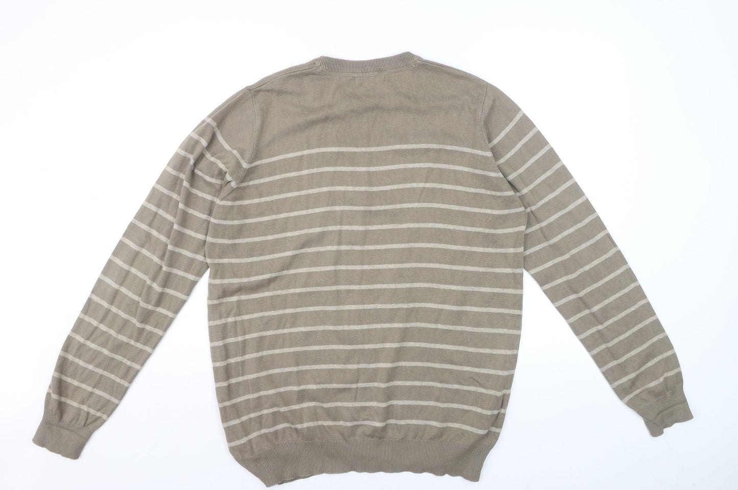 James Pringle Men's Beige Striped Cotton Pullover Jumper Size M