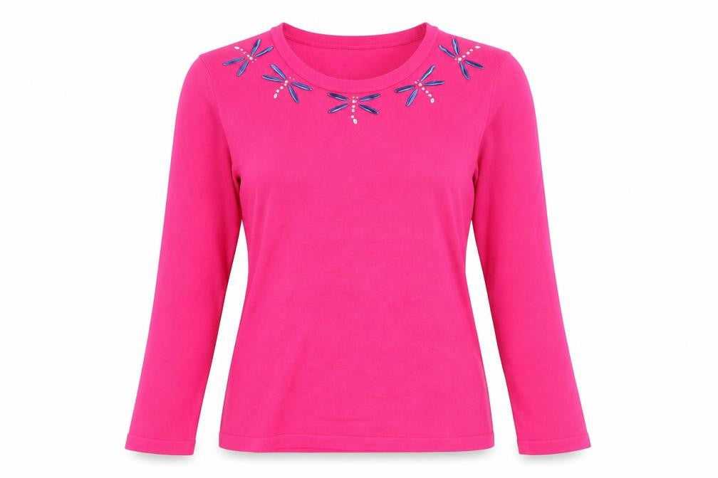 Autonomy Women's Pink Beaded Crew Neck 3/4 Sleeve Jumper Size S