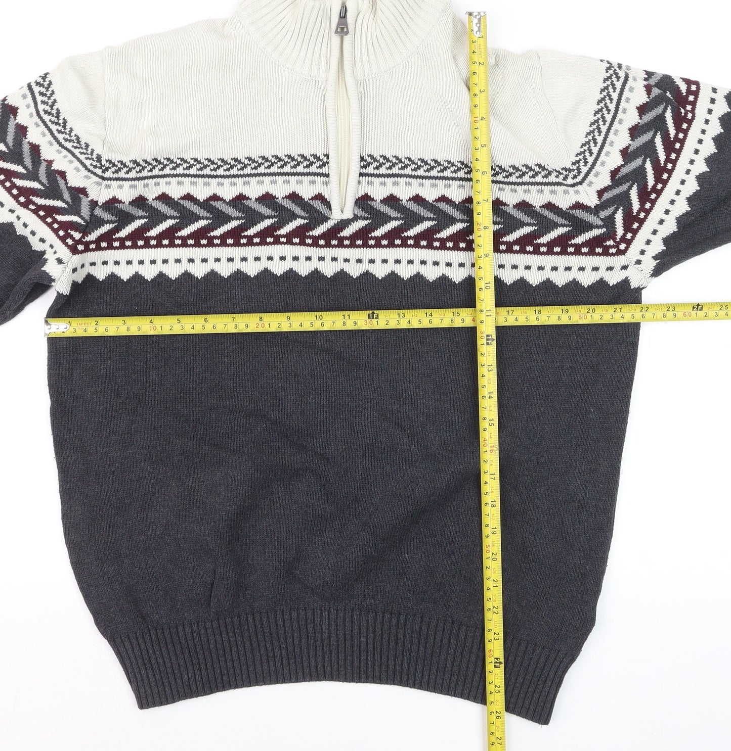 Weatherproof Vintage Men's Grey 1/4 Zip Fair Isle Cotton Jumper M