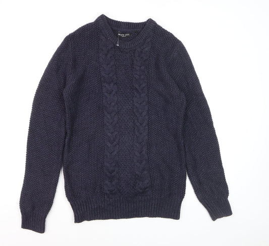 Brave Soul Men’s Blue Cable-Knit Crew Neck Jumper Size L