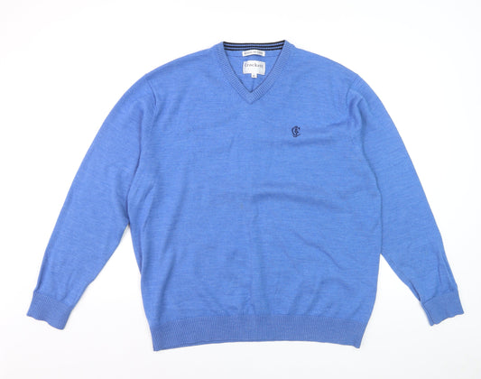 Crockett & Jones Men's Blue Wool Blend V-Neck Jumper XL