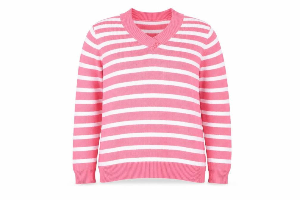 Isle Womens Pink White Striped V-Neck Long Sleeve Jumper Size 14