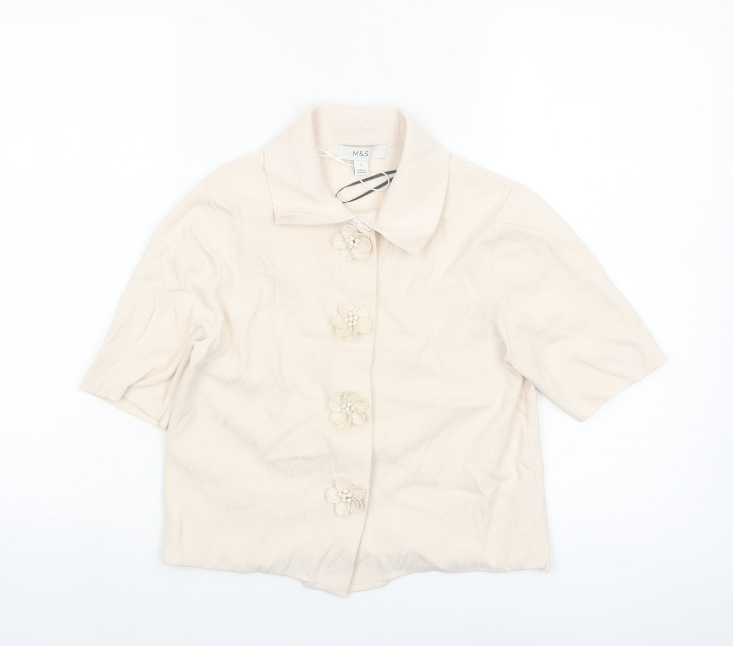 Marks and Spencer Women Beige Collared Short Sleeve Knit Blouse S