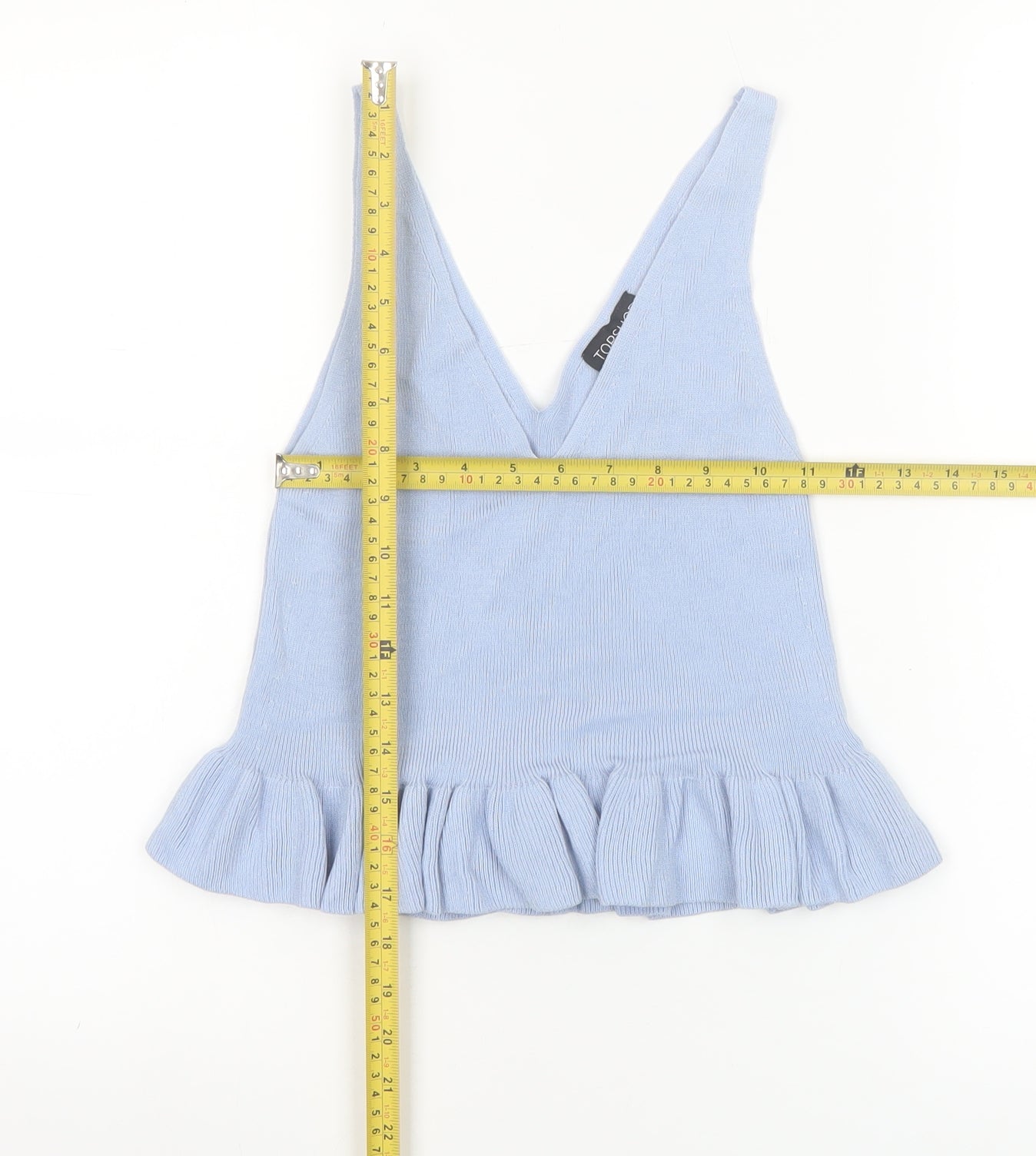 Topshop Women Blue V-Neck Ruffle Hem Knit Camisole Tank Top Size 6