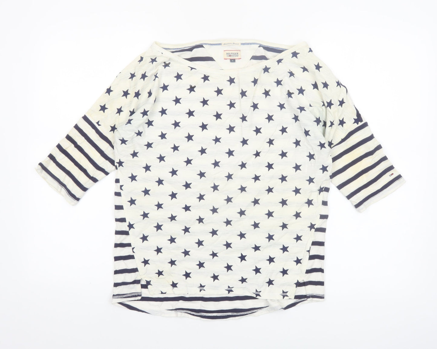 Hilfiger Denim Women's White Navy Star Stripe 3/4 Sleeve Cotton T-Shirt S