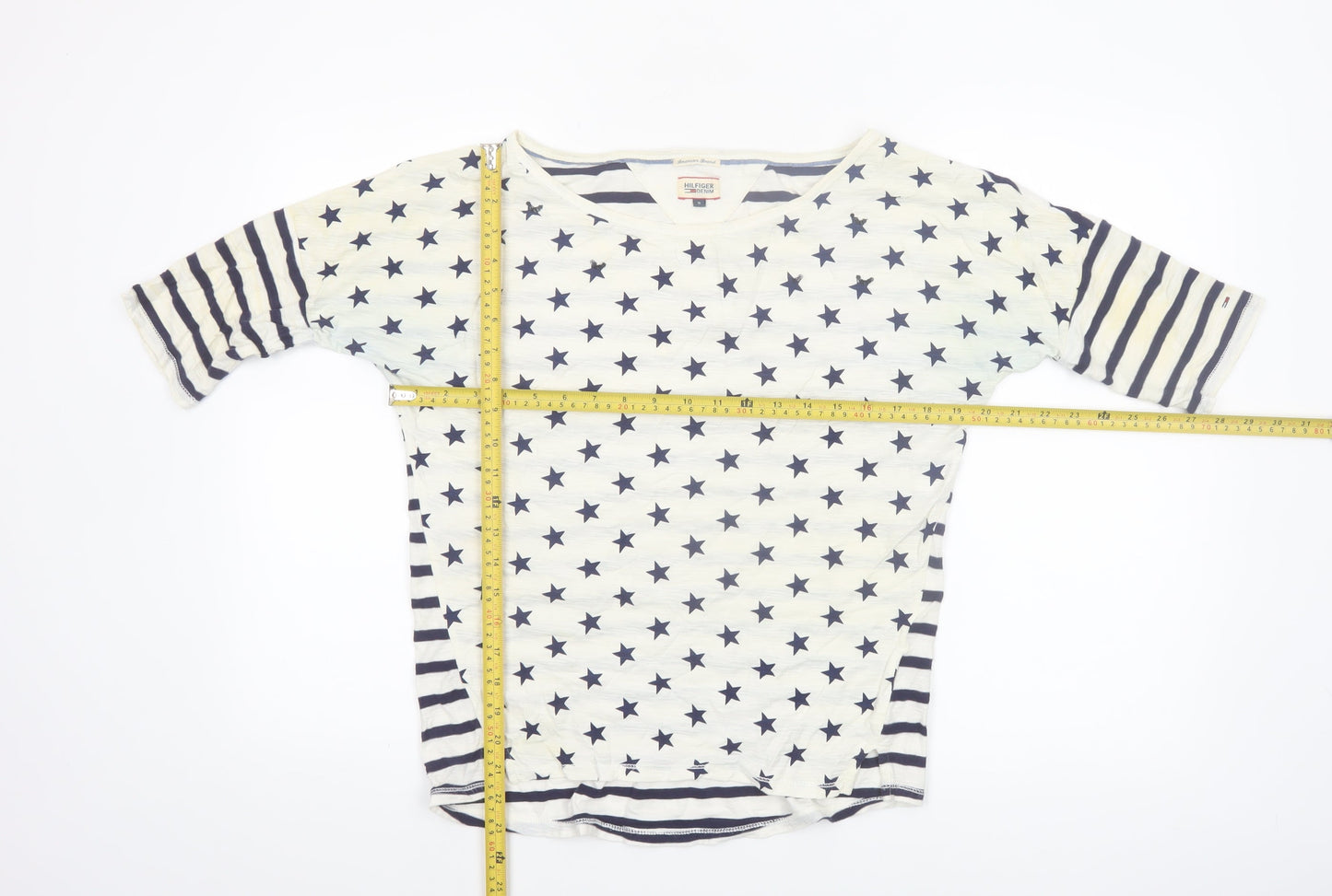 Hilfiger Denim Women's White Navy Star Stripe 3/4 Sleeve Cotton T-Shirt S