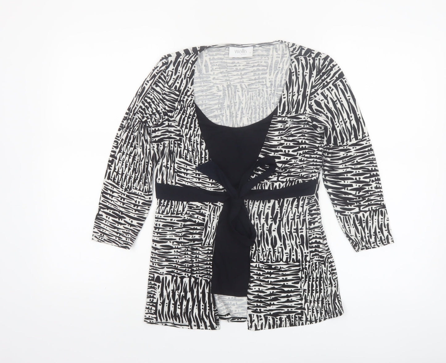 Wallis Petite Black Geometric Wrap Blouse Size 6 Women’s 3/4 Sleeve