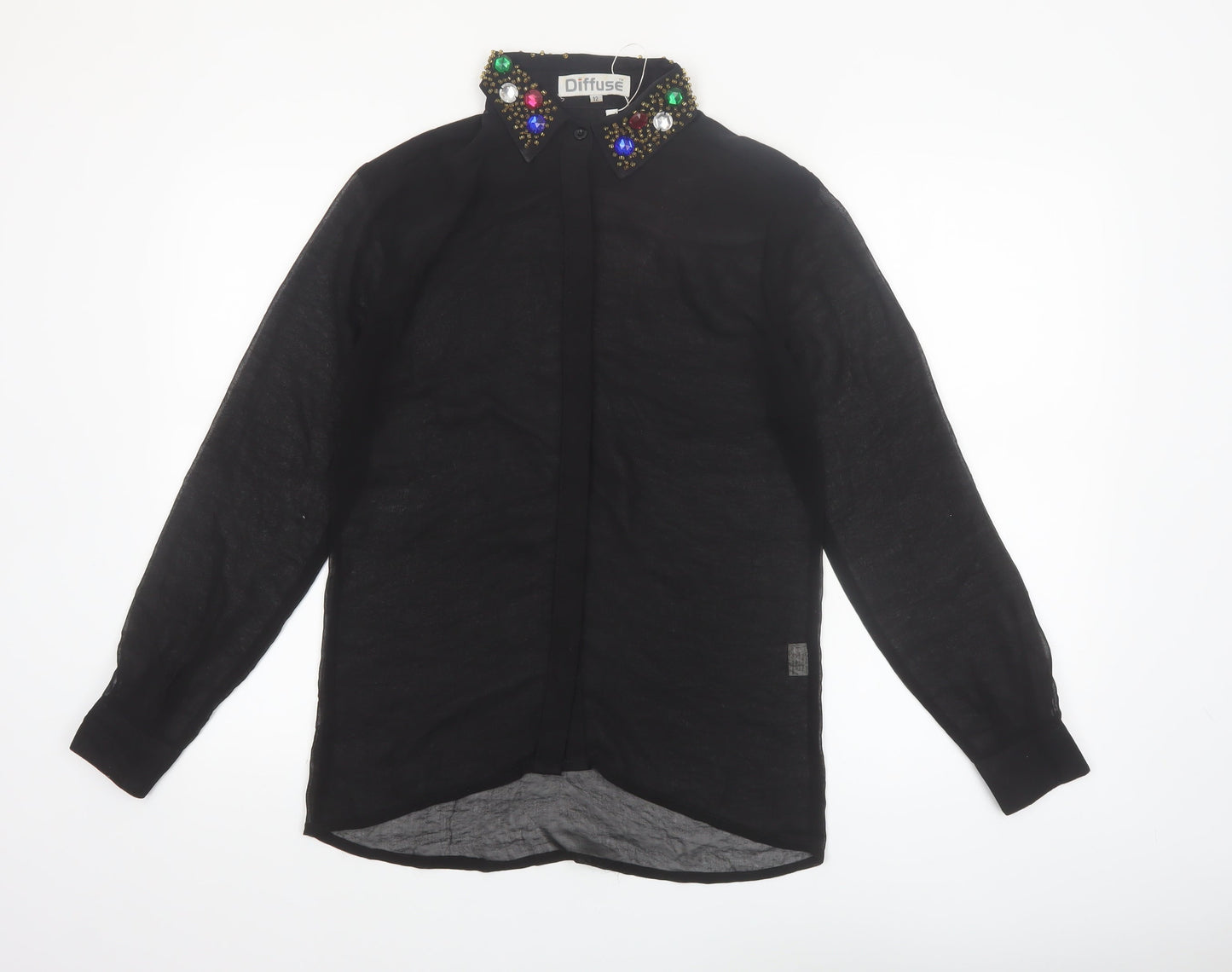 Diffuse Womens Black Beaded Collar Long Sleeve Blouse Size 12