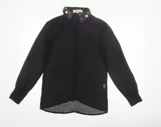 Diffuse Womens Black Beaded Collar Long Sleeve Blouse Size 12