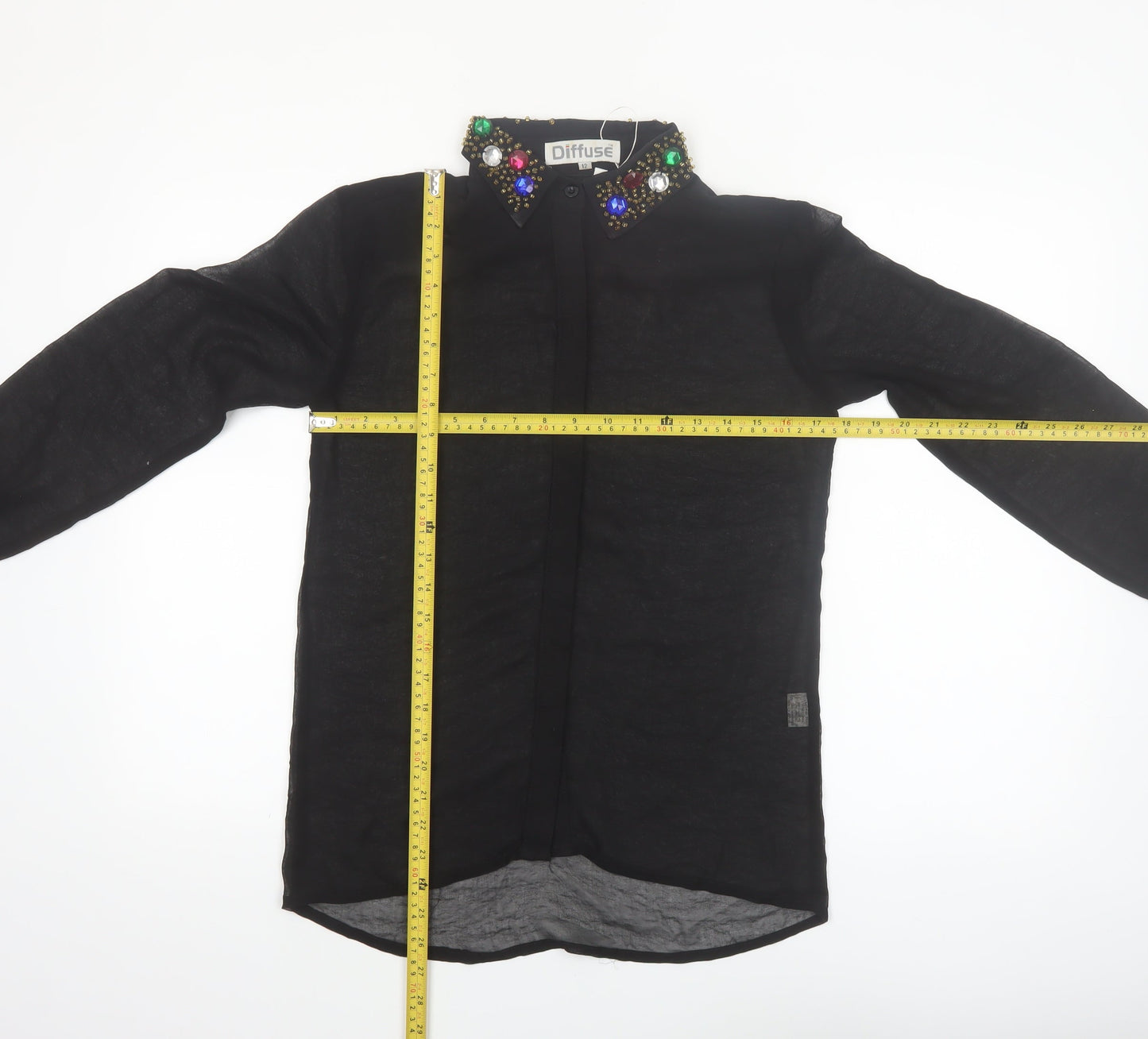 Diffuse Womens Black Beaded Collar Long Sleeve Blouse Size 12