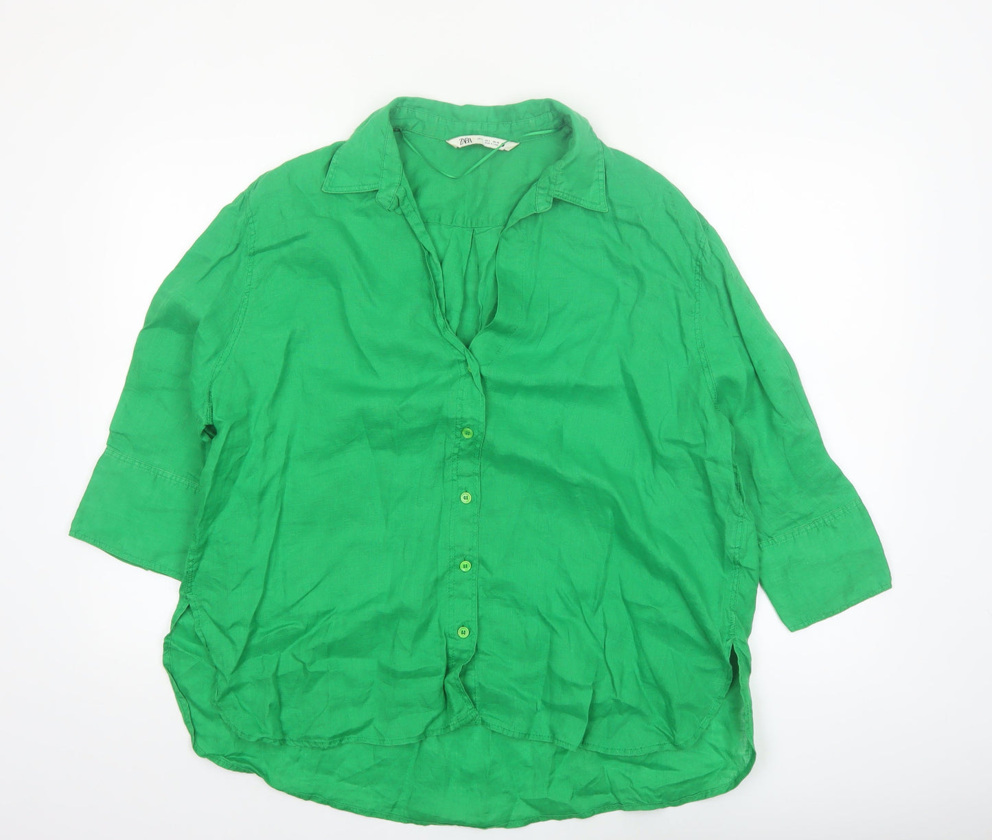 Zara Women Green Linen Collared 3/4 Sleeve Blouse Size L