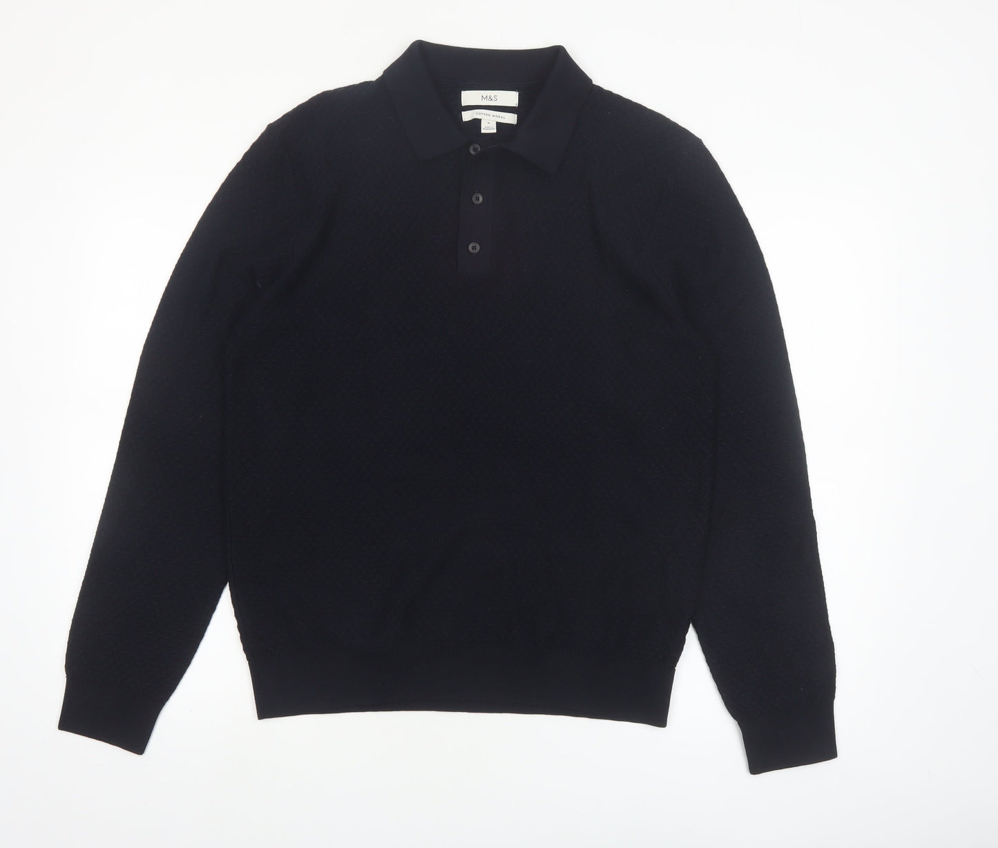 Marks and Spencer Men's Black Cotton Modal Collared Pullover Jumper M