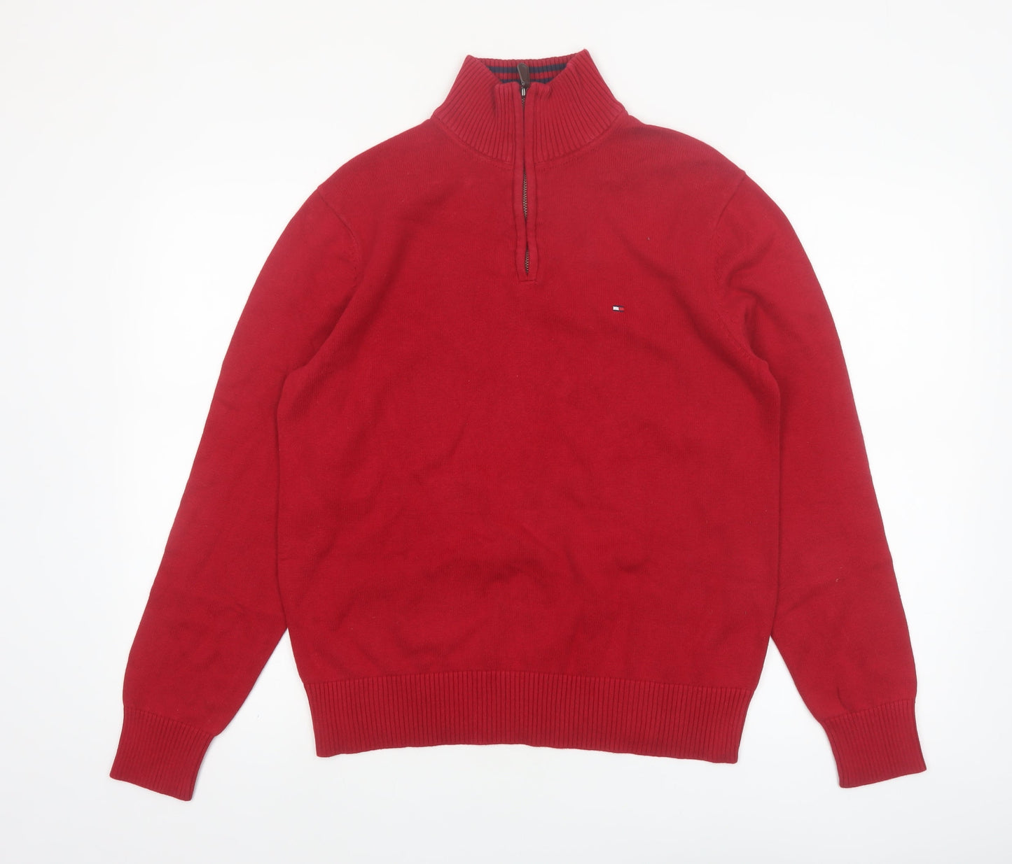 Tommy Hilfiger Men's Red Half Zip Cotton Jumper Size M