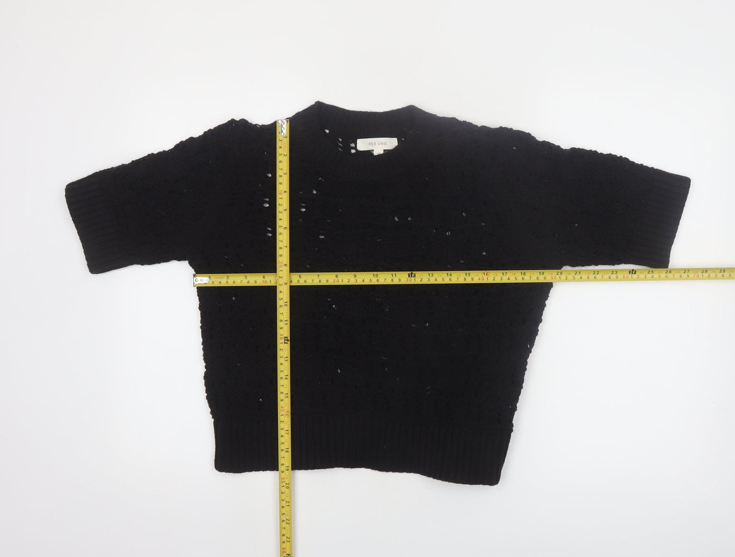 Marks and Spencer Per Una Women's Black Crochet Cotton Short Sleeve Jumper M