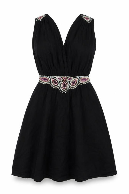 French Connection Women's Black Beaded A-Line Party Dress Size 8