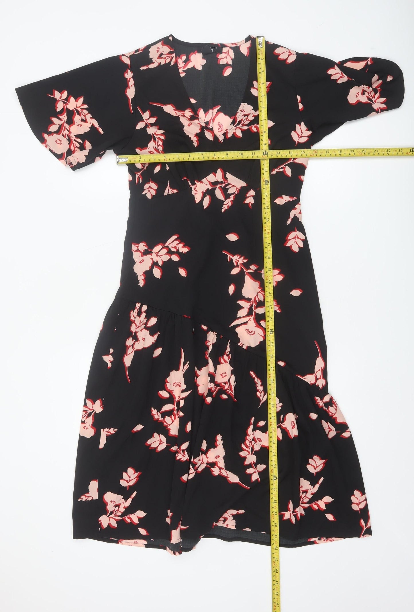 New Look Petite Black Floral Wrap Knee Length Dress Size 10