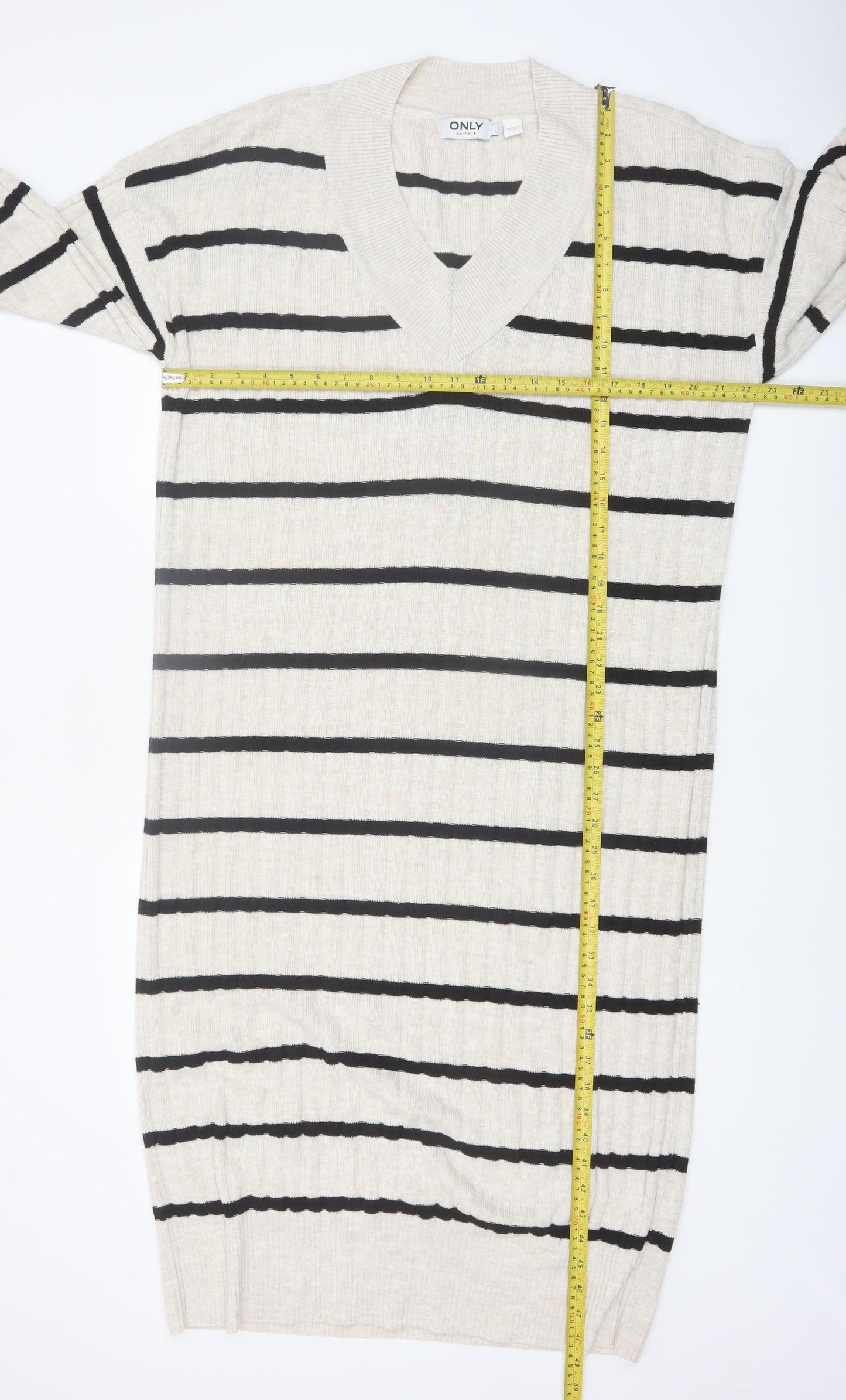 ONLY Women Beige Black Striped Knit V-Neck Midi Jumper Dress L