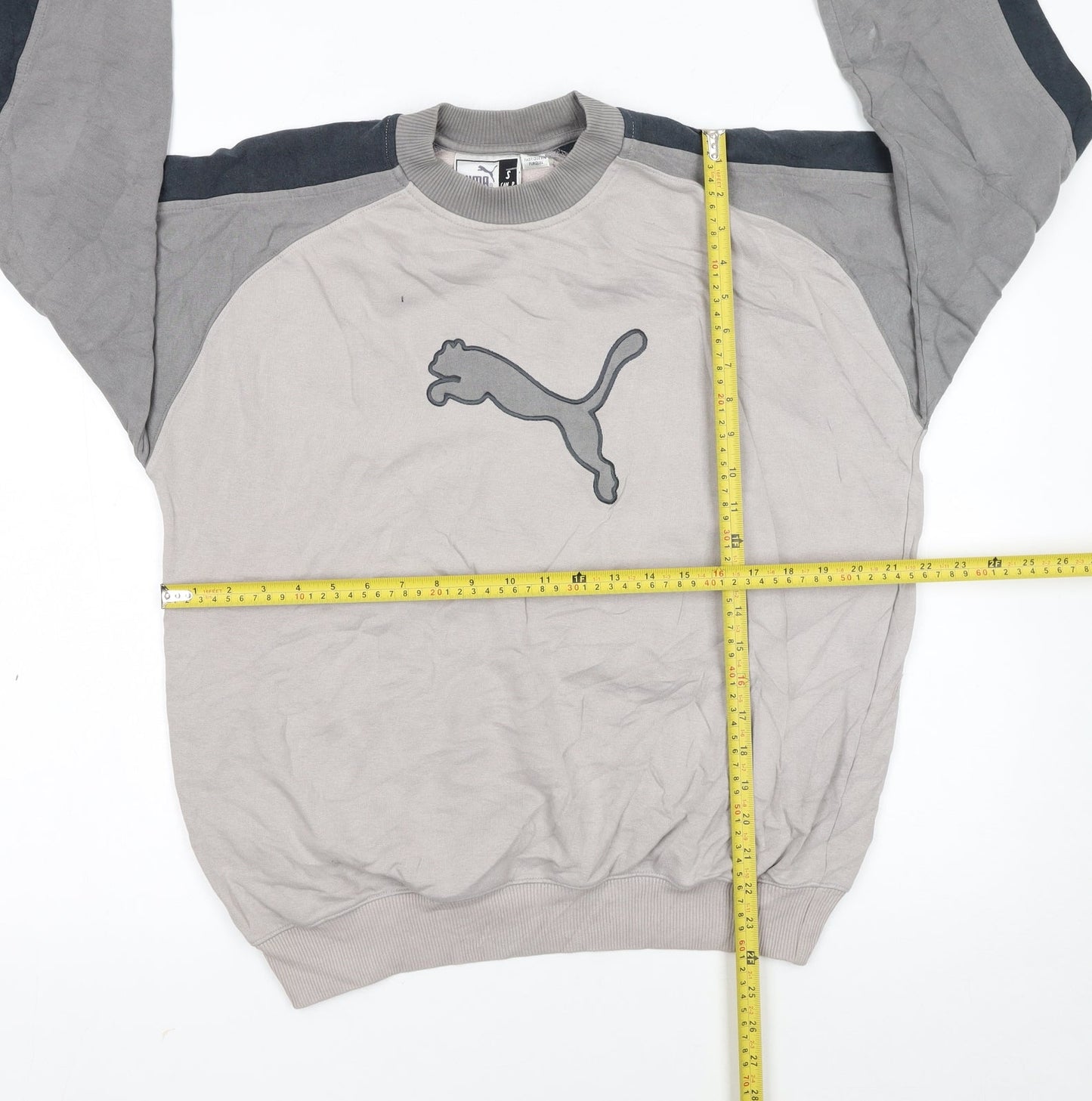 Puma Womens Beige Grey Pullover Sweatshirt Small Logo Crew Neck