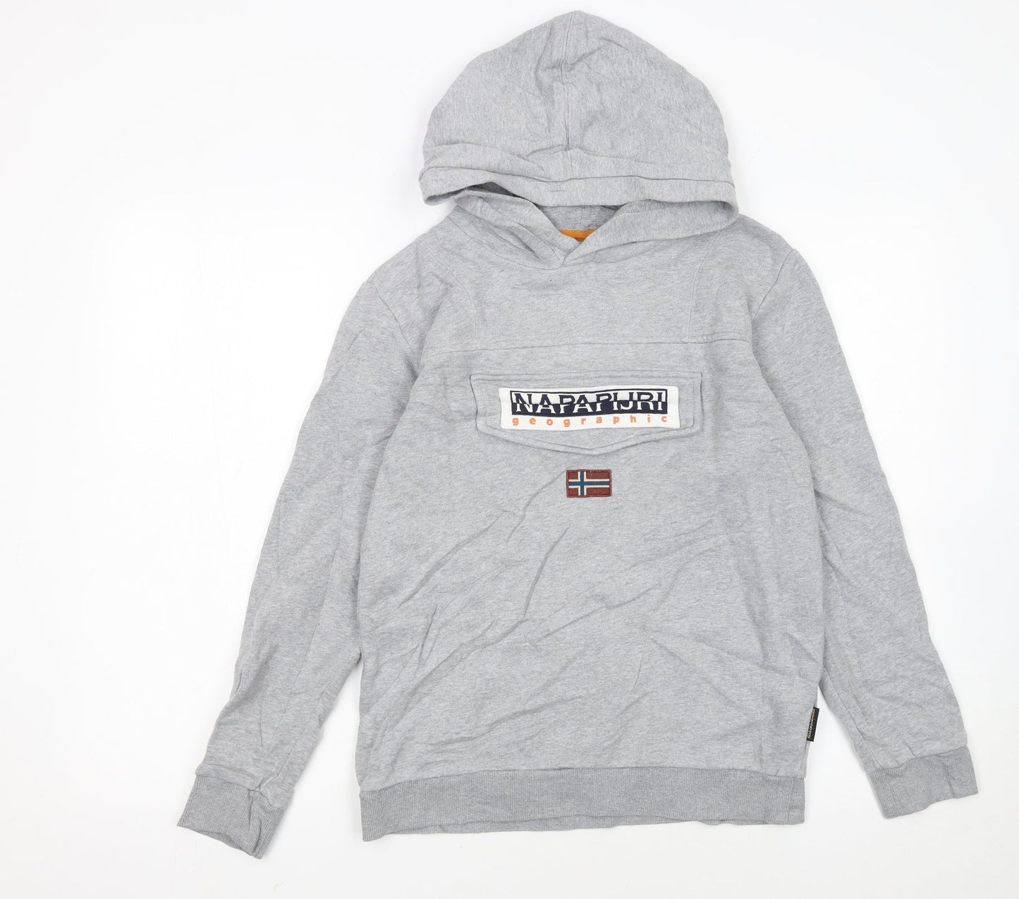 Napapijri Boys Grey Hoodie Size 162cm Pullover Logo Sweatshirt