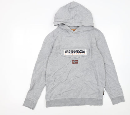 Additional front view of Napapijri boys’ grey hoodie size 162cm pullover logo sweatshirt