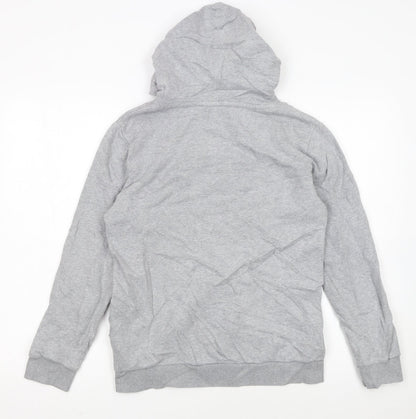 Close-up detail of Napapijri boys’ grey hoodie size 162cm pullover logo sweatshirt