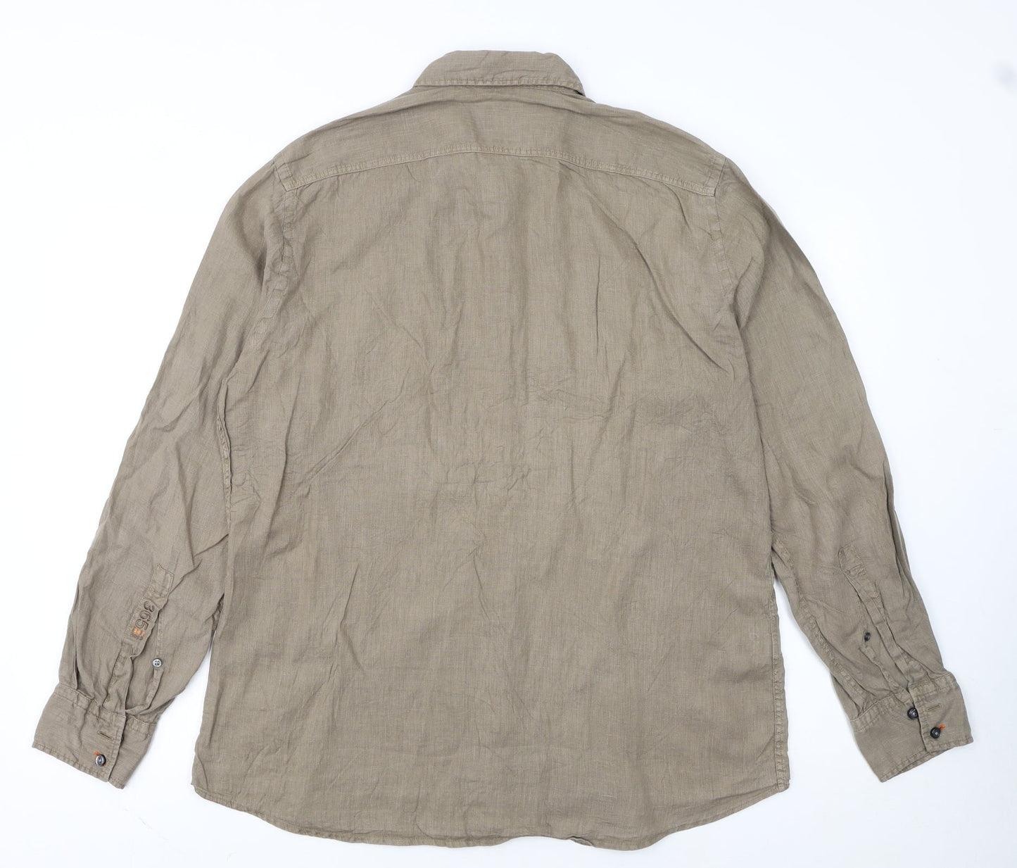 Hugo Boss Men's Beige Linen Regular Fit Long Sleeve Shirt L