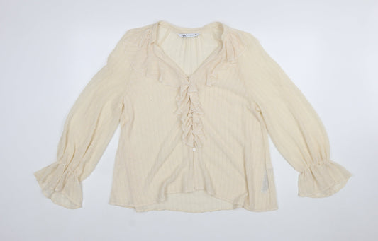 ZARA Women’s Beige Ruffle Long Sleeve Chiffon Blouse Size 12