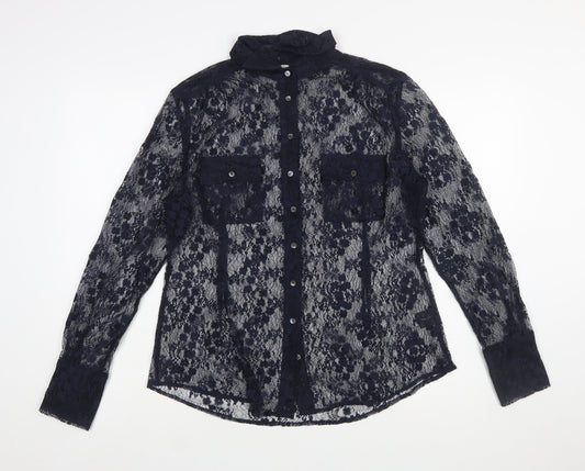 Kew 159 Women's Blue Lace Sheer Long Sleeve Blouse Size 14