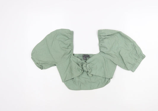 Primark Women Green Cropped Puff Sleeve Tie Blouse Size 8