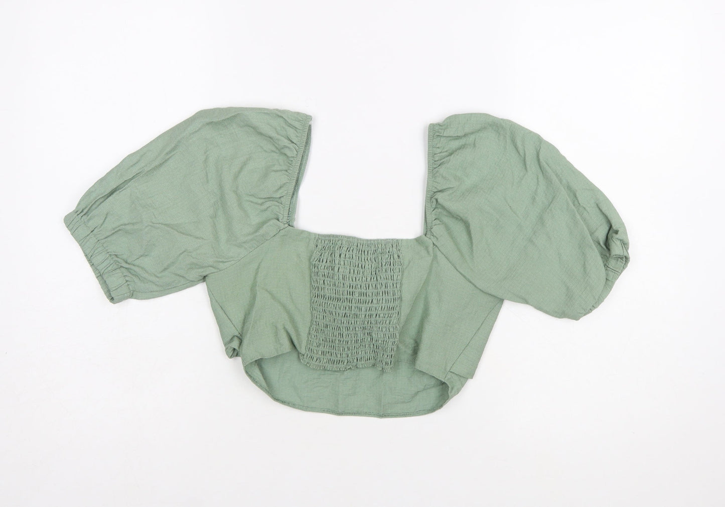 Primark Women Green Cropped Puff Sleeve Tie Blouse Size 8