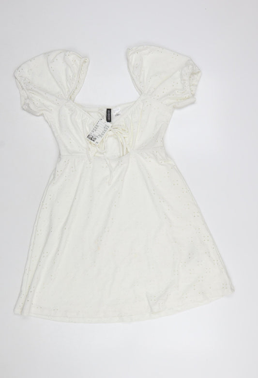 H&M Divided Women’s White Cotton A-Line Puff Sleeve Short Dress Size 8