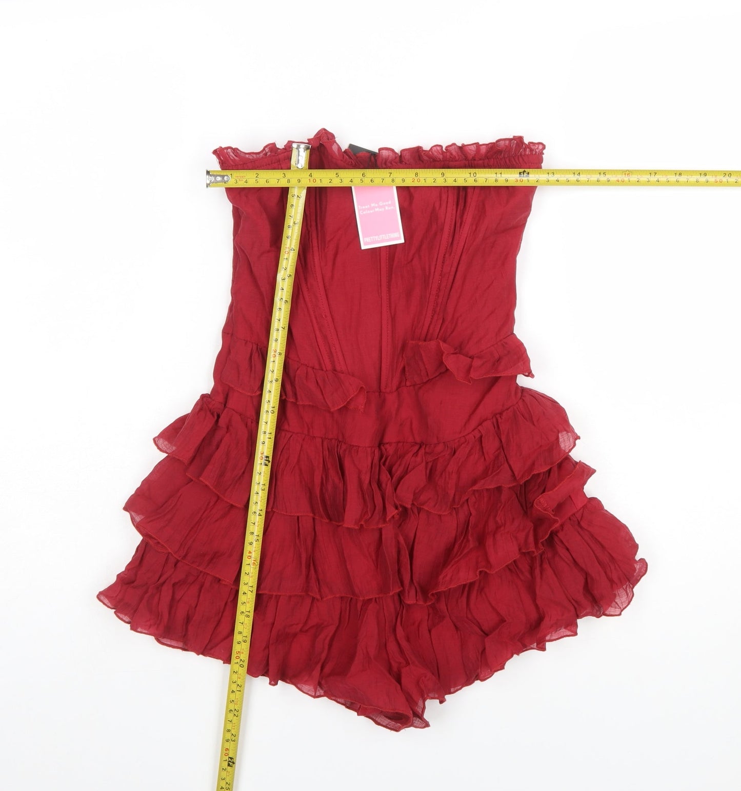 PrettyLittleThing Women Red Strapless Ruffle Playsuit Size 4 Lyocell Blend