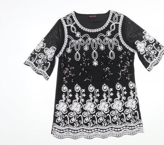 Anna Rose Women Black Floral Sequin Shift Dress M