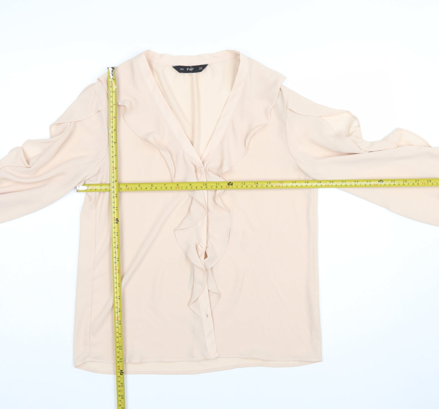F&F Women Beige Ruffle V-Neck Chiffon Blouse UK 10