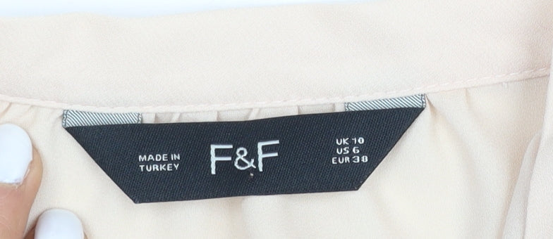 F&F Women Beige Ruffle V-Neck Chiffon Blouse UK 10