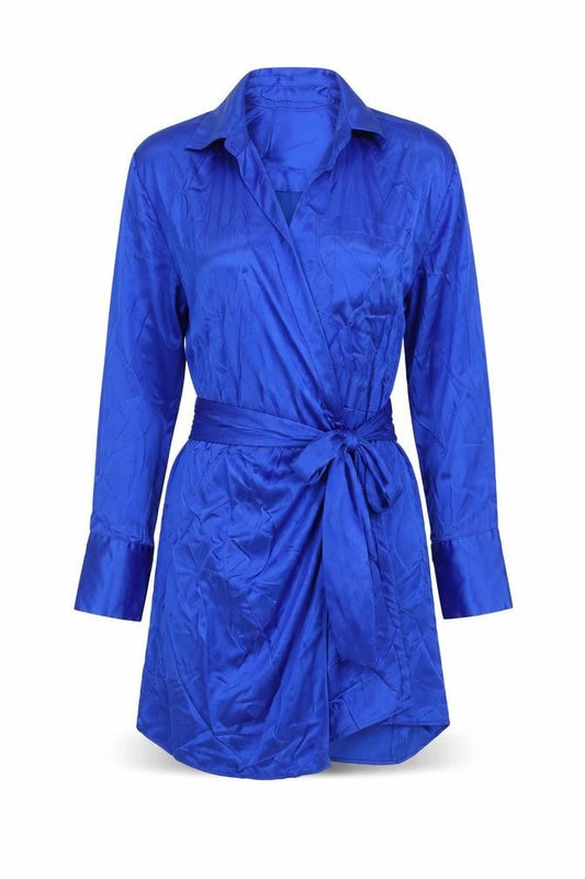 Zara Women’s Blue Satin Shirt Dress S Belted Long Sleeve
