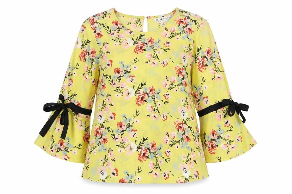 Miss Selfridge Women's Yellow Floral Bow Bell Sleeve Blouse Size 6