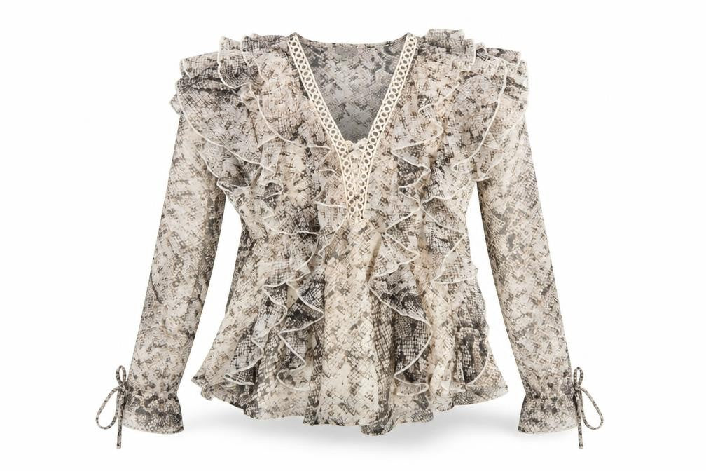 River Island Womens Beige Snake Print Ruffle Wrap Blouse Size 10