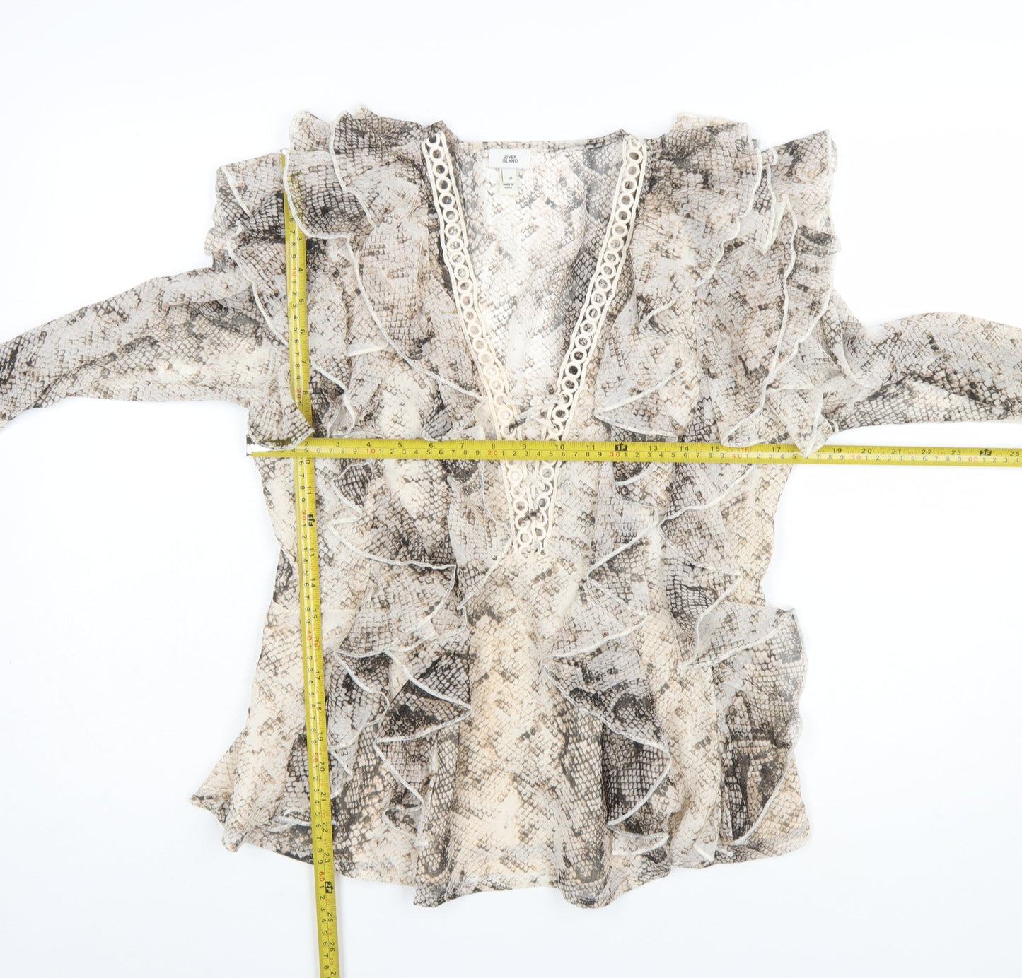 River Island Womens Beige Snake Print Ruffle Wrap Blouse Size 10