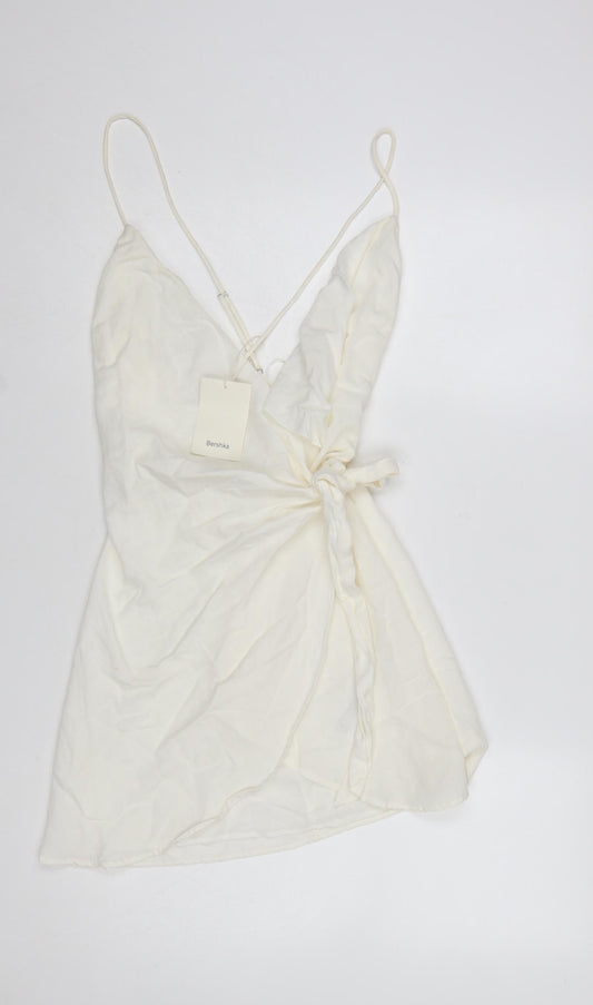 Bershka Women Ivory Short Wrap Dress Size S Sleeveless Viscose