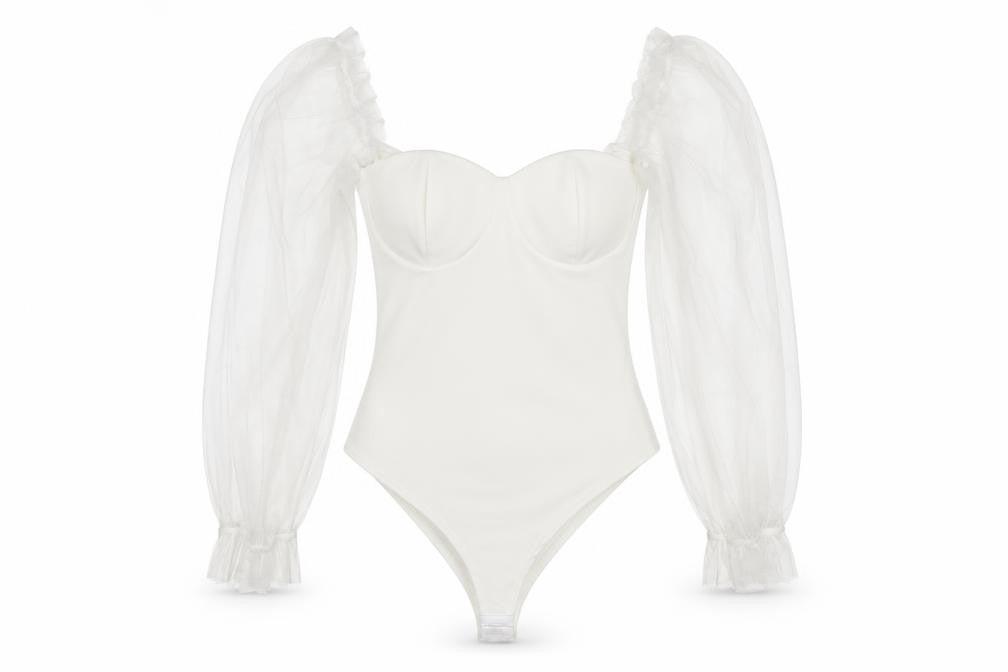 I Saw It First Women White Milkmaid Organza Sleeve Bodysuit Size S