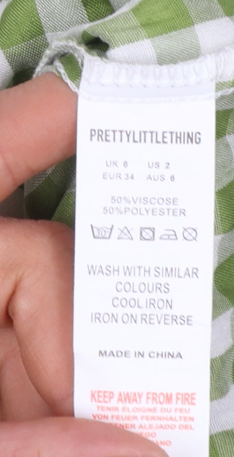 PrettyLittleThing Women’s Green Check Puff Sleeve Short A-Line Dress UK 6