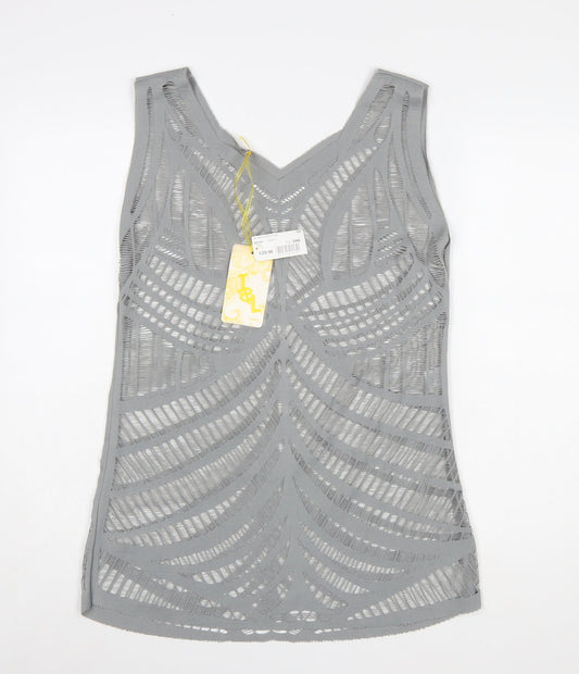 J&L Paris Women Grey V-Neck Mesh Tunic Tank Top One Size