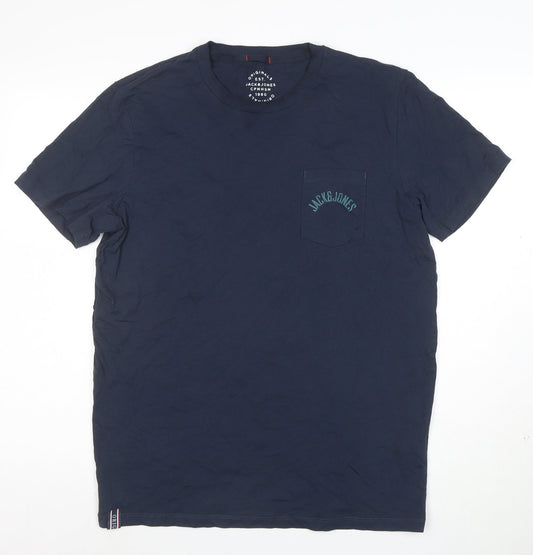 Jack & Jones Men's Blue Cotton Crew Neck Regular Fit T-Shirt Size L